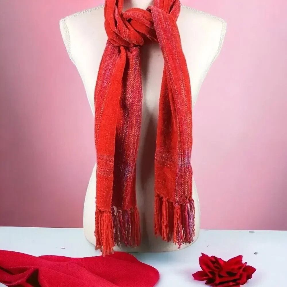 Collection 18 Pink Red Chenille Stripe Muffler Scarf Fringe NWT